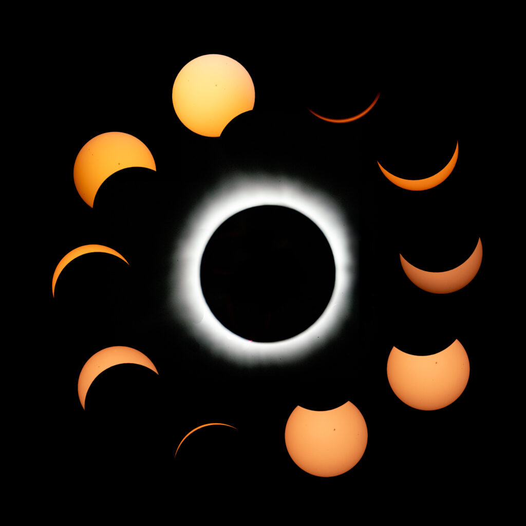 A collage of a solar eclipse sequence showing the transition from partial eclipse to total eclipse and back to partial. The central image is of a total solar eclipse with a glowing corona, surrounded by smaller phases where the moon partially covers the sun, set against a dark background.