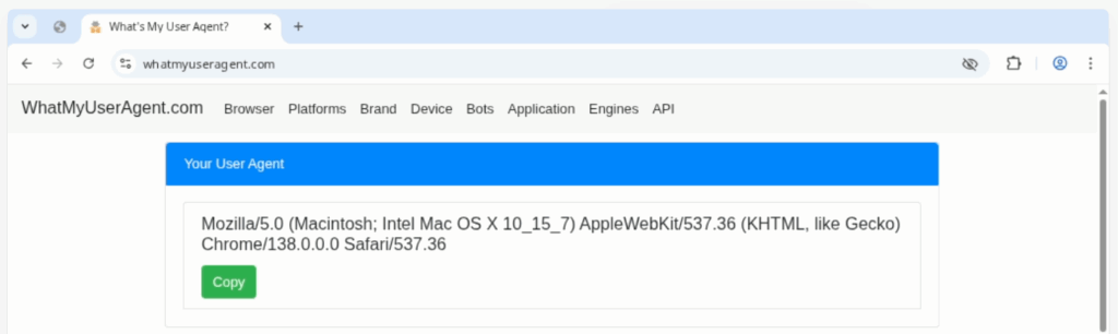 Web page displaying a user agent string for a Mac OS X device using Chrome browser. The site is "WhatMyUserAgent.com" and includes a button to copy the user agent information.